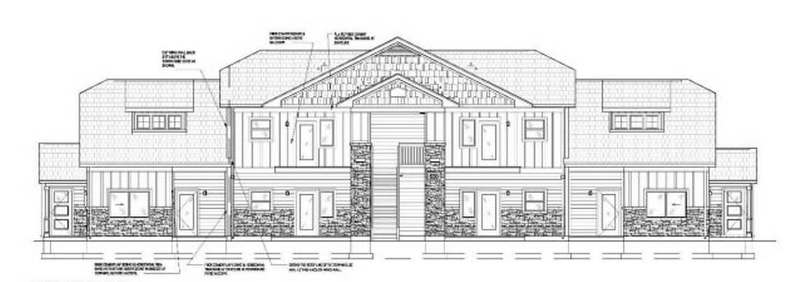 A sketch of a two-story, six-apartment building proposed as part of an affordable-apartment complex that The Housing Co. plans to build at 1160 W. Ustick Road in Meridian.