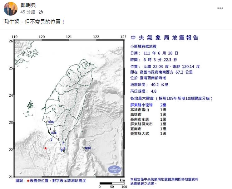 鄭明典發文示警，表示高雄外海規模4.8地震的位置很罕見。（圖／翻攝自鄭明典臉書）