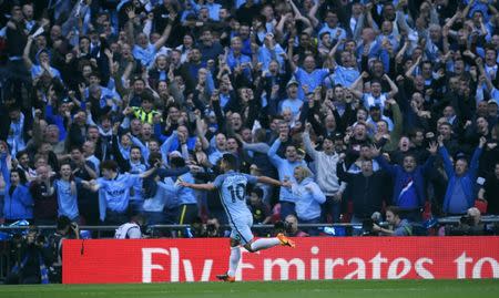 Britain Football Soccer - Arsenal v Manchester City - FA Cup Semi Final - Wembley Stadium - 23/4/17 Manchester City's Sergio Aguero celebrates scoring their first goal in front of fans Reuters / Toby Melville Livepic