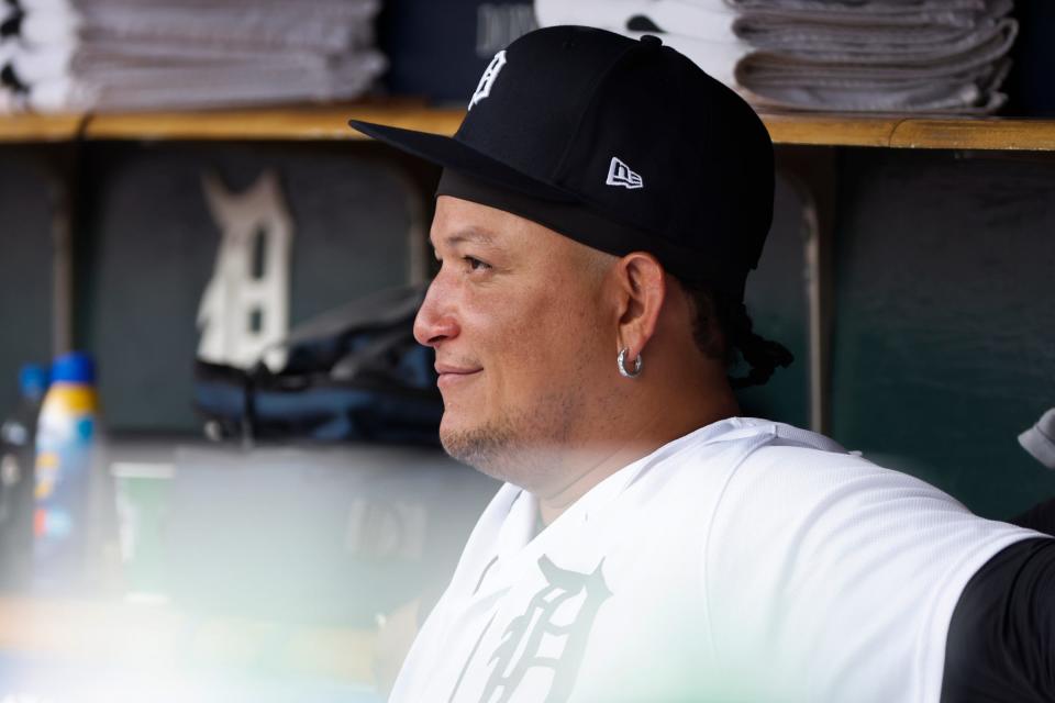 Tigers designated hitter Miguel Cabrera sits in dugout during the second inning on Wednesday, Aug. 24, 2022, at Comerica Park.