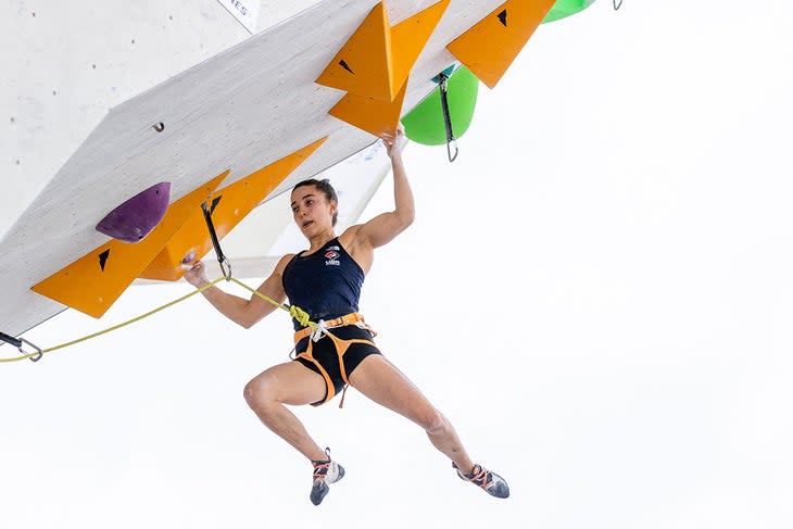 Brooke Raboutou competing at a world-cup lead event.