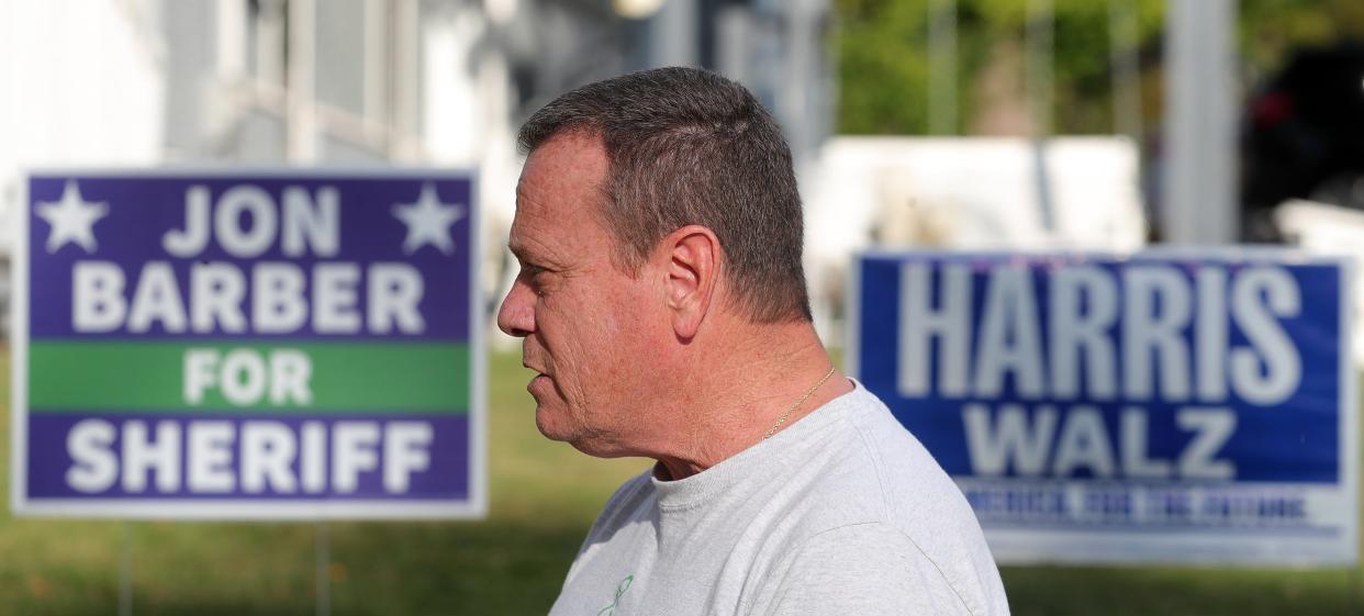 Jon Barber, candidate for Portage County Sherif, speaks about the current sheriff's Facebook post, Monday, Sept. 16, 2024, in Kent, Ohio.