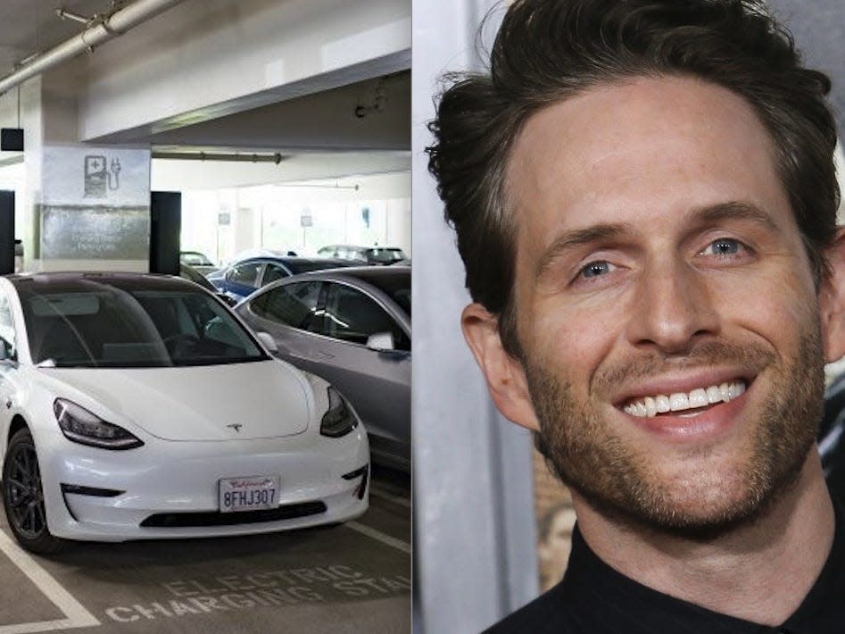 A Tesla Model 3 charging in a parking garage and Glen Howerton