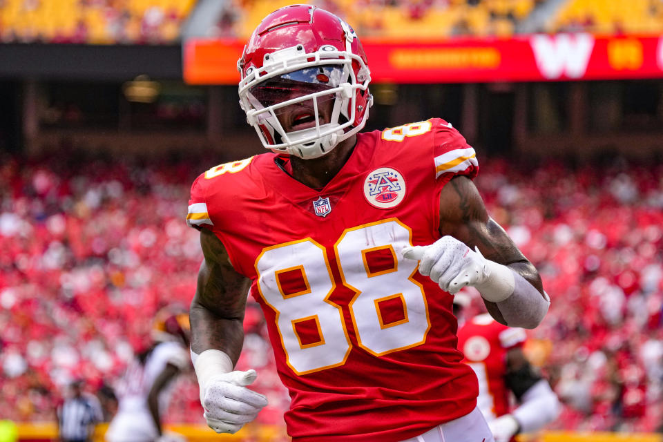 KANSAS CITY, MO – AUGUST 20: Jody Fortson #88 of the Kansas City Chiefs runs through the end zone after a kick off during the first quarter of the game against the <a class="link " href="https://sports.yahoo.com/nfl/teams/washington/" data-i13n="sec:content-canvas;subsec:anchor_text;elm:context_link" data-ylk="slk:Washington Commanders;sec:content-canvas;subsec:anchor_text;elm:context_link;itc:0">Washington Commanders</a> at Arrowhead Stadium on August 20, 2022 in Kansas City, Missouri. (Photo by Jason Hanna/Getty Images)