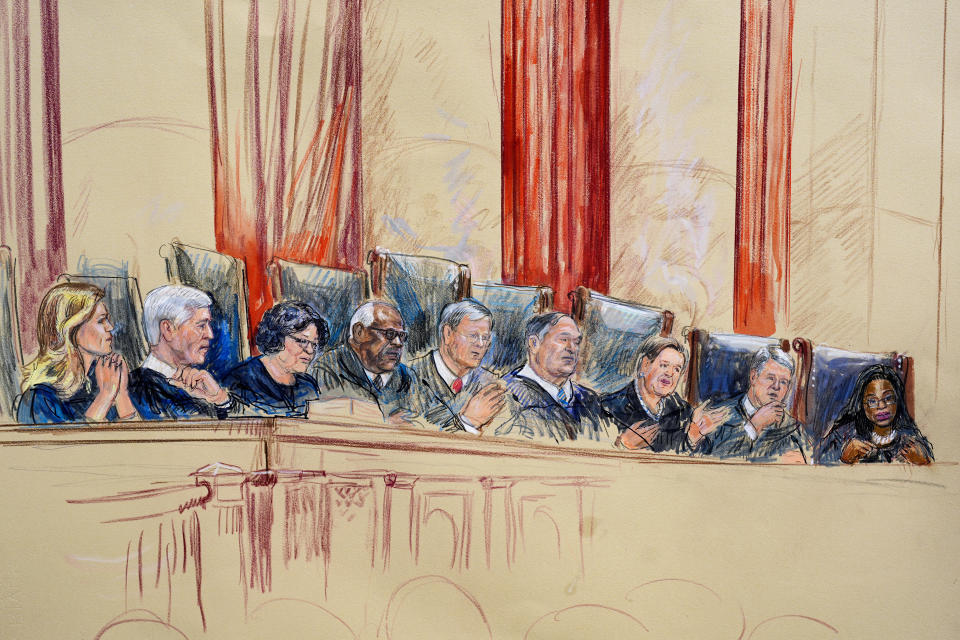 This artist sketch depicts, from left, Associate Justice Amy Coney Barrett, Associate Justice Neil Gorsuch, Associate Justice Sonia Sotomayor, Associate Justice Clarence Thomas, Chief Justice of the United States John Roberts, Associate Justice Samuel Alito, Associate Justice Elena Kagan, Associate Justice Brett Kavanaugh, and Associate Justice Ketanji Brown Jackson during arguments over whether former President Donald Trump is immune from prosecution in a case charging him with plotting to overturn the results of the 2020 presidential election, on Capitol Hill in Washington, Thursday, April 25, 2024. (Dana Verkouteren via AP)