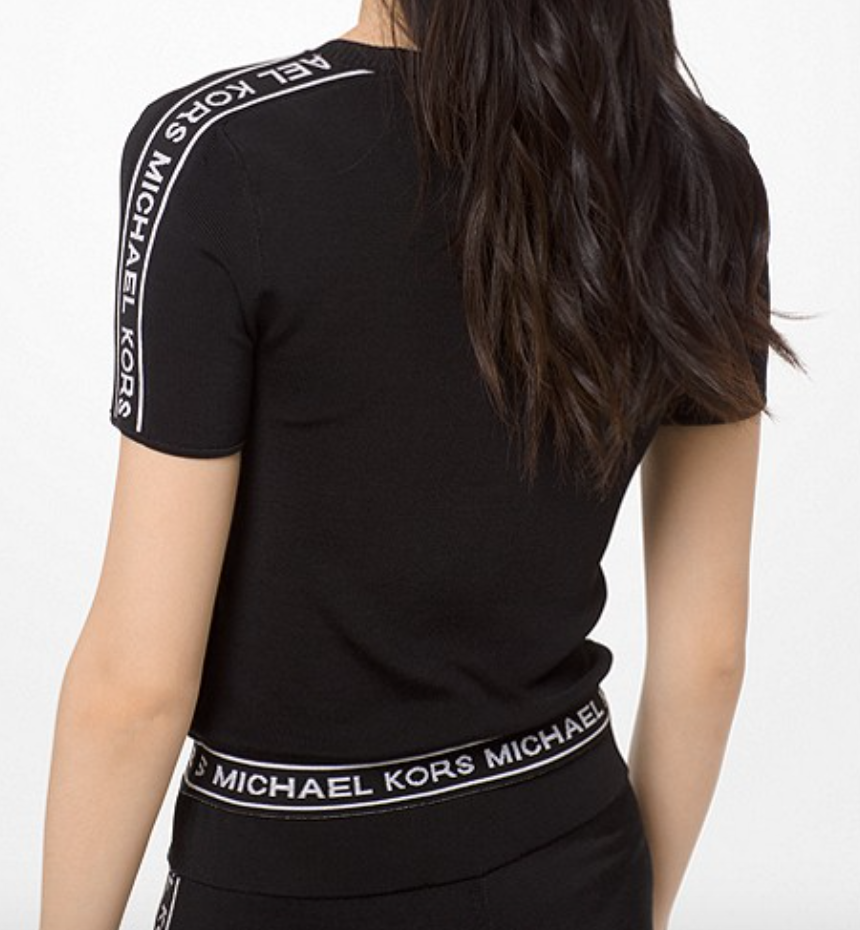 Michael Kors Logo Tape Stretch-Viscose Cropped T-Shirt in Black/White