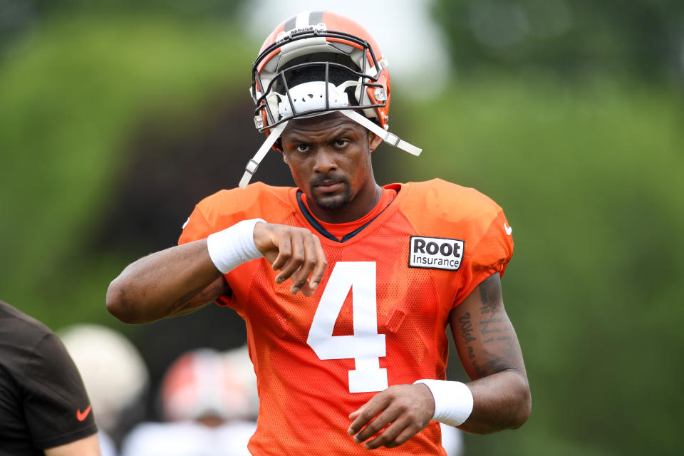 BEREA, OH - AUGUST 09: Deshaun Watson #4 of the Cleveland Browns walks off the field during Cleveland Browns training camp at CrossCountry Mortgage Campus on August 09, 2022 in Berea, Ohio. (Photo by Nick Cammett/Getty Images)