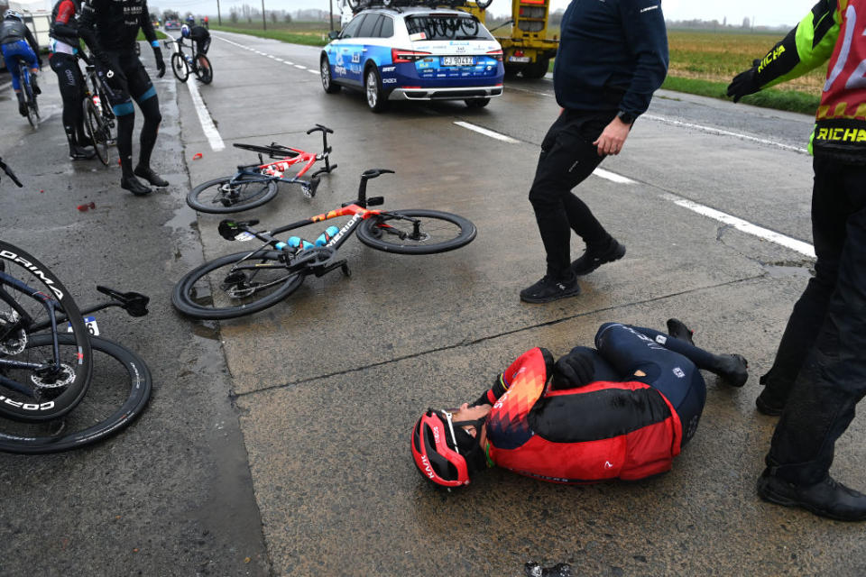 WEVELGEM BELGIUM  MARCH 26 Micha Kwiatkowski of Poland and Team INEOS Grenadiers after being involved in a crash during the 85th GentWevelgem in Flanders Fields 2023 Mens Elite a 2609km one day race from Ypres to Wevelgem  UCIWT  on March 26 2023 in Wevelgem Belgium Photo by Tim de WaeleGetty Images