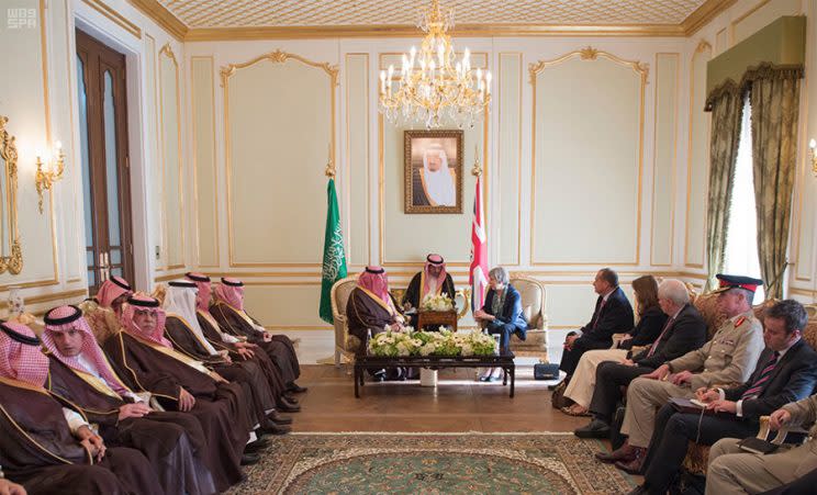 Theresa May with leaders in Saudi Arabia. (Photo: Saudi Press Agency via AP)