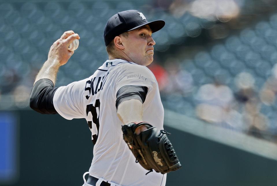Tigers left fielder Tarik Skubal pitches during the second inning against the Giants on Monday, July 24, 2023, at Comerica Park.