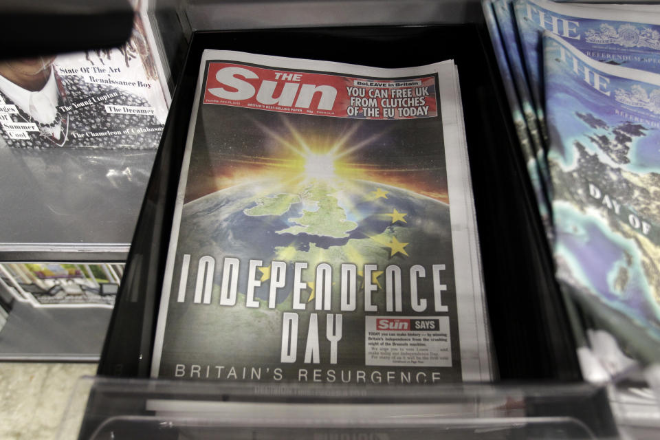 The front page of the Sun newspaper reporting on the EU referendum on a news stand in Westminster, London, Thursday, June 23, 2016.Voters in the United Kingdom are taking part in a referendum that will decide whether Britain remains part of the European Union or leaves the 28-nation bloc. (AP Photo/Tim Ireland)