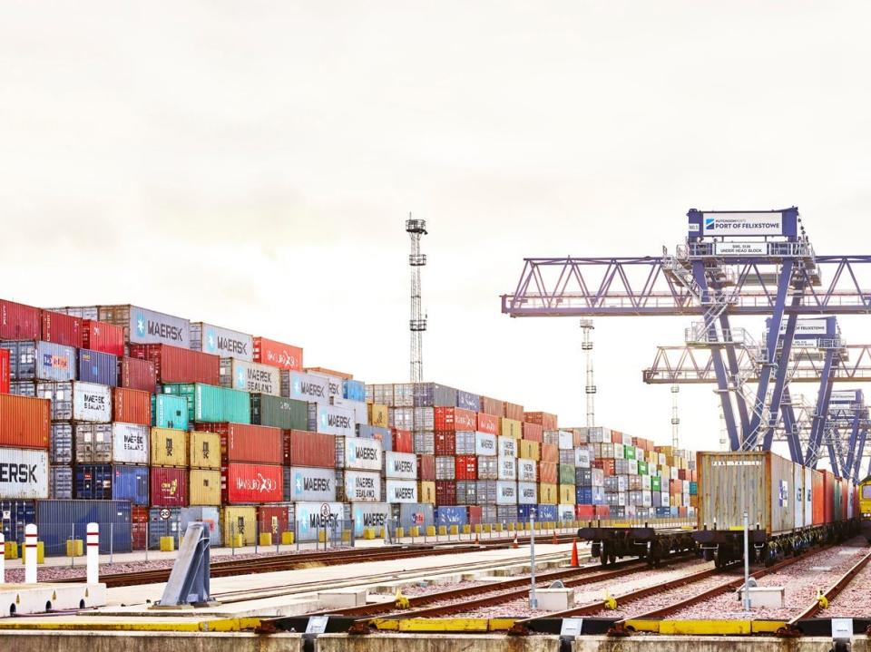 Shipping containers lined up at the Port of Felixstowe.