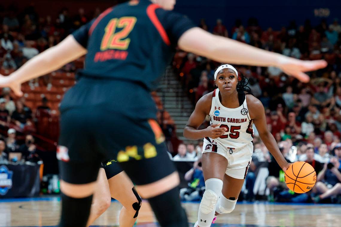 South Carolina Gamecocks guard Raven Johnson (25) plays Maryland at the Bon Secours Wellness Arena in Greenville, South Carolina on Monday, March 27, 2023.