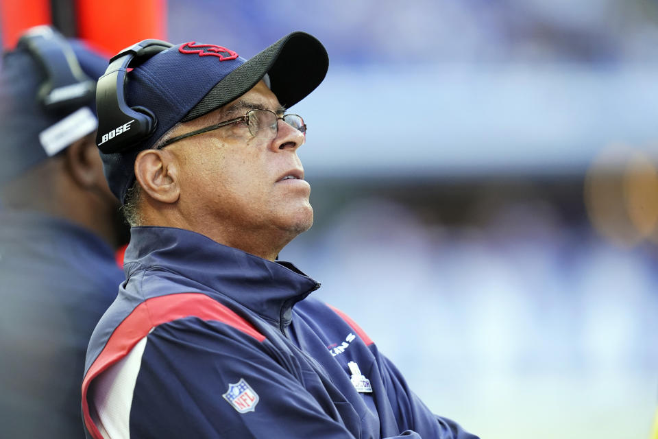 Houston Texans head coach David Culley watches during the second half of an NFL football game against the Indianapolis Colts, Sunday, Oct. 17, 2021, in Indianapolis. (AP Photo/Michael Conroy)