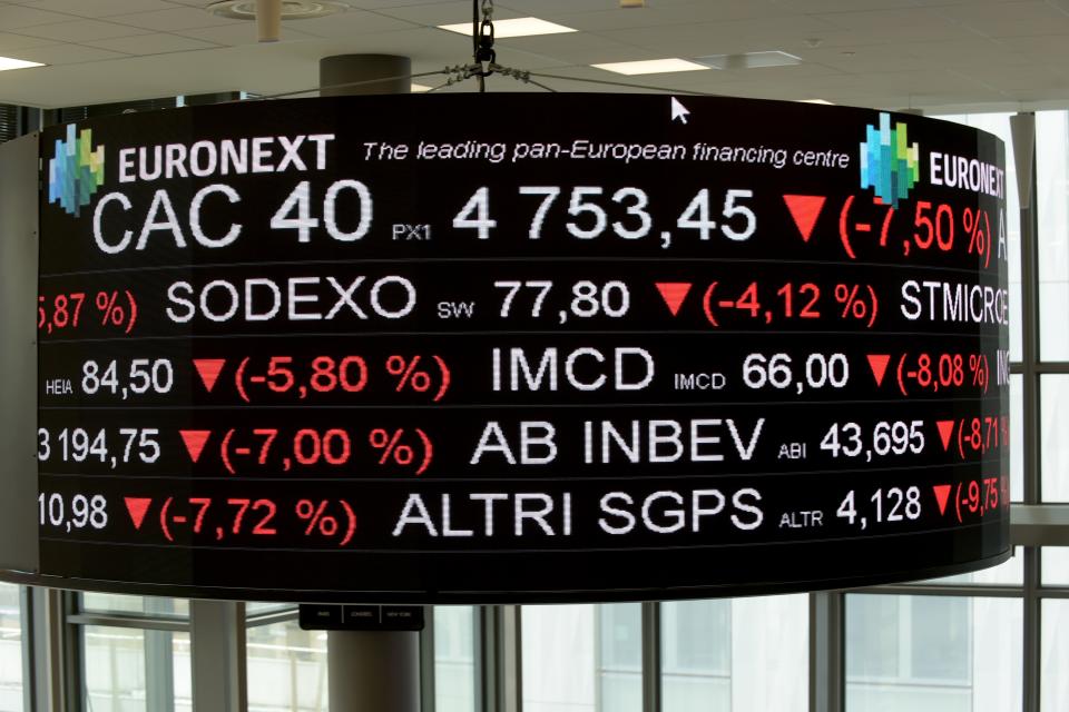 A screen displays the CAC 40 amongst stock tickers displayed at the headquarters of the Pan-European stock exchange Euronext, in La Defense district, near Paris, on March 9, 2020. - The Paris and Frankfurt stock exchanges fell more than 10 percent on March 12 afternoon trading after the European Central Bank unveiled a series of measures to shore up the eurozone economy but did not cut rates. The CAC 40 was down 10.2 percent to 4142.13 around 1340 GMT, while the DAX 30 in Frankfurt had tumbled 10.3 percent to 9,360.58. (Photo by ERIC PIERMONT / AFP) (Photo by ERIC PIERMONT/AFP via Getty Images)