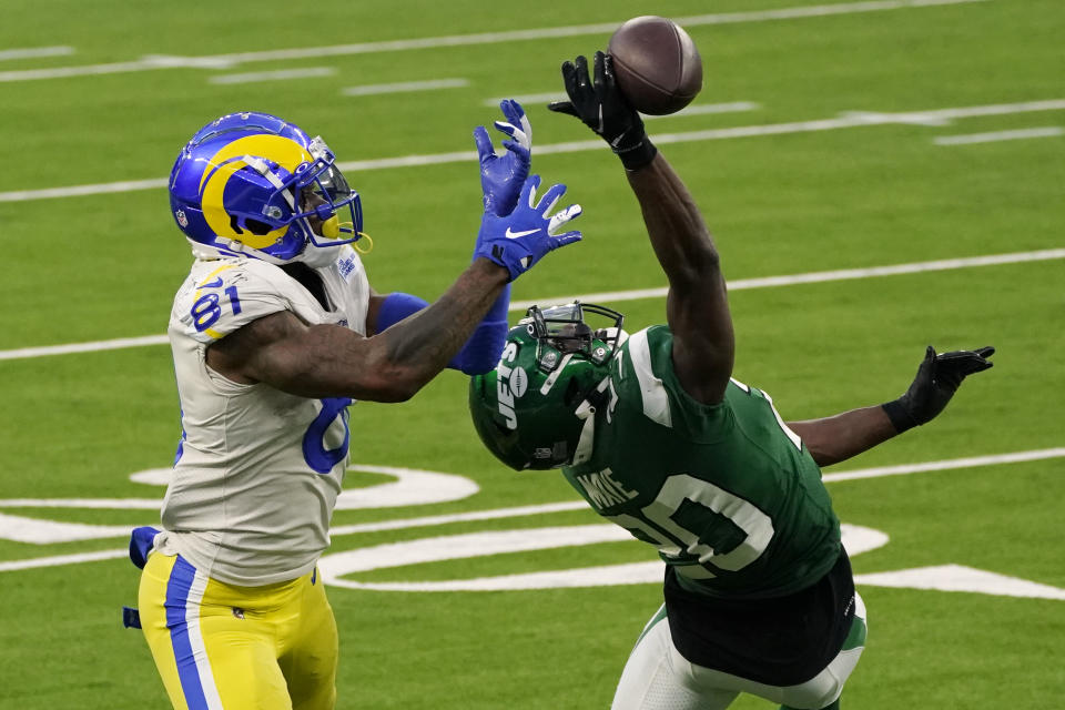 New York Jets free safety Marcus Maye, right, breaks up a pass intended for Los Angeles Rams tight end Gerald Everett (81) during the second half of an NFL football game Sunday, Dec. 20, 2020, in Inglewood, Calif. (AP Photo/Ashley Landis)