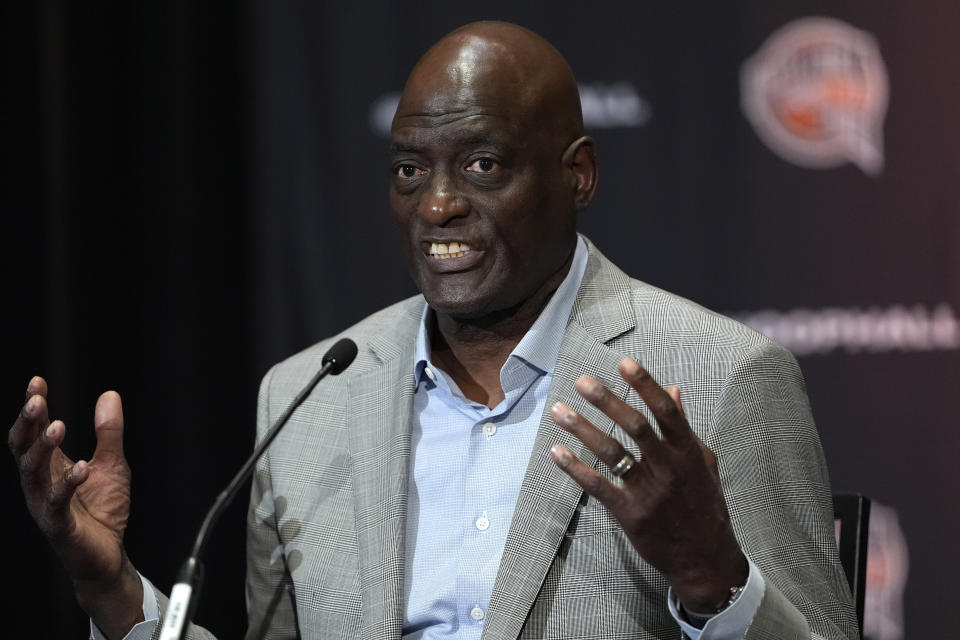 Michael Cooper speaks during a news conference for The Naismith Basketball Hall of Fame at the NCAA college basketball Tournament on Saturday, April 6, 2024, in Phoenix. (AP Photo/David J. Phillip)