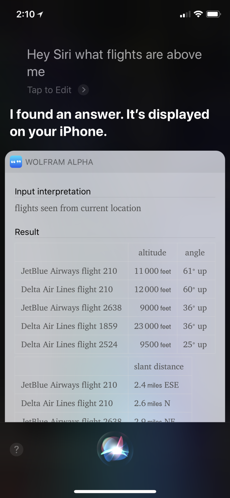 Siri showing flight numbers in response to question "Hey Siri what flights are above me?"