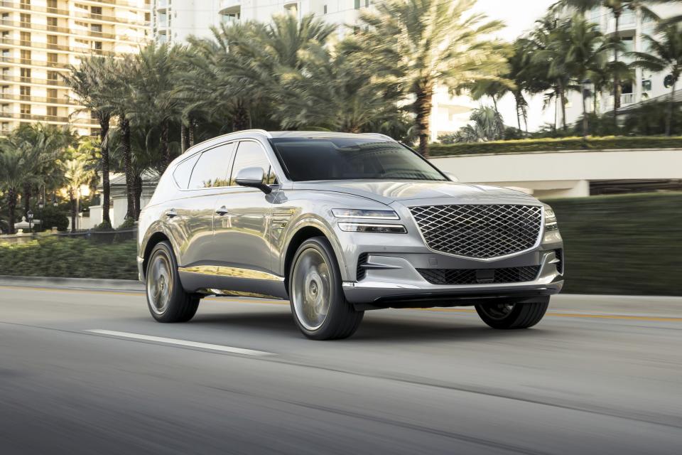 This photo provided by Genesis shows the GV80. The brand's midsize SUV, the GV80 stands out with its smooth ride quality, helpful technology features and available 375-horsepower V6 engine. (Courtesy of Genesis Motor North America via AP)