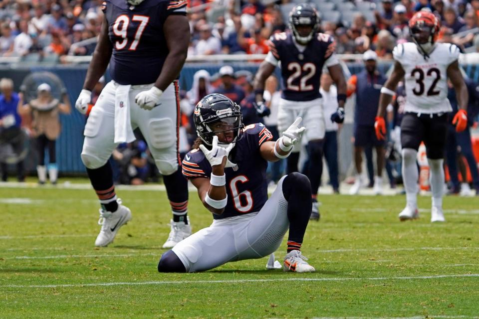 Aug 17, 2024; Chicago, Illinois, USA; Chicago Bears cornerback Kyler Gordon (6) gestures after sacking Cincinnati Bengals quarterback Logan Woodside (11) during the first half at Soldier Field. Mandatory Credit: David Banks-USA TODAY Sports