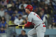 St. Louis Cardinals' Nolan Gorman watches after hitting a two-run double against the Los Angeles Dodgers during the eighth inning of a baseball game Friday, March 29, 2024, in Los Angeles. (AP Photo/Jae C. Hong)