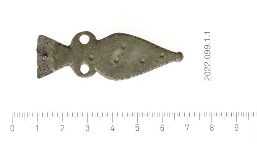 Part of a Roman military belt, found near the watchtower, is seen here. It  is approximately 6cm long and about 2cm wide. It is shaped like an arrowhead.