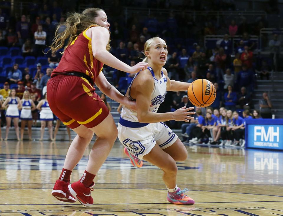Drake guard Katie Dinnebier, right, drives to the basket around Iowa State's Addy Brown during their Nov. 12 game at the Knapp Center in Des Moines. Dinnebier entered the weekend as the Missouri Valley Conference leader in points, assists and steals.