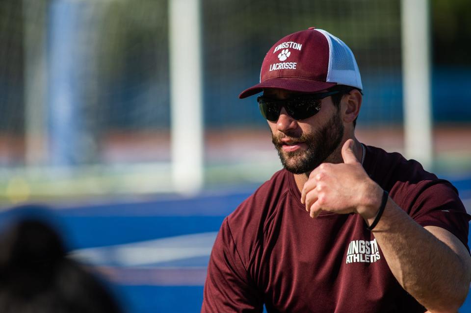 Kingston head coach Clayton Bouton talks to the team at halftime during the Section 9 game at Middletown High School in Middletown, NY on Monday, May 9, 2022. Kingston defeated Middletown 21-0.