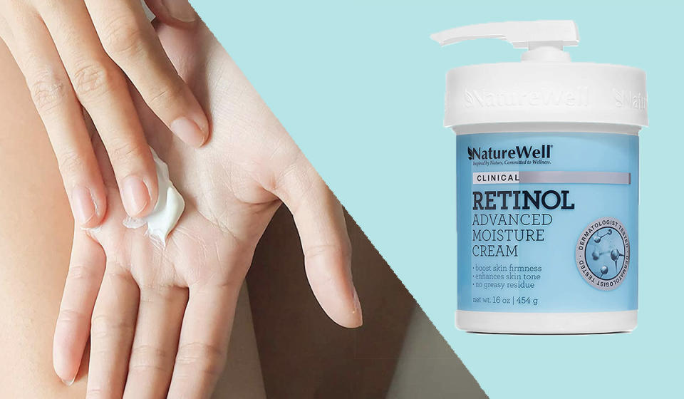hand applying the lotion to another hand / the tub of naturewell retinol lotion