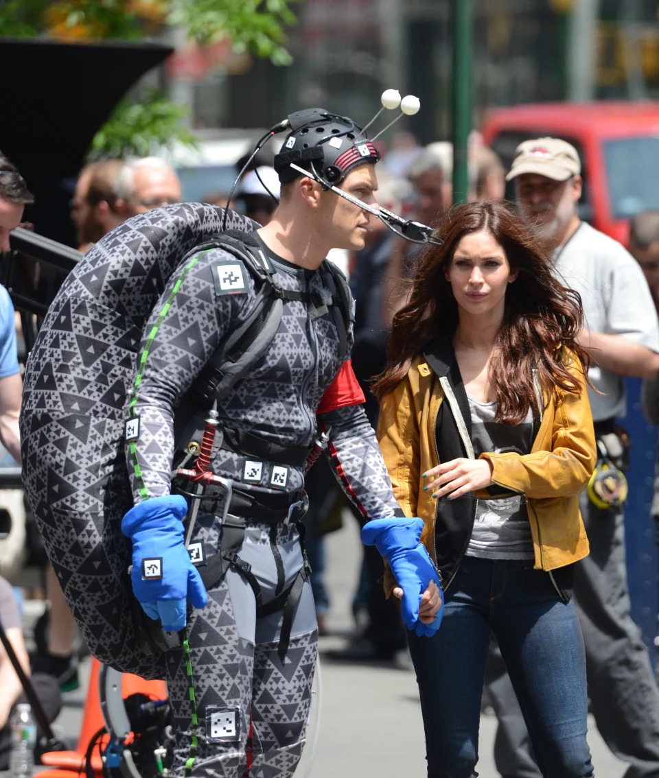 NEW YORK, NY - MAY 20:  Actress Megan Fox(R) and Alan Ritchson are seen on the set of "Teenage Mutant Ninja Turtles"on May 20, 2013 in New York City.  (Photo by Raymond Hall/FilmMagic)