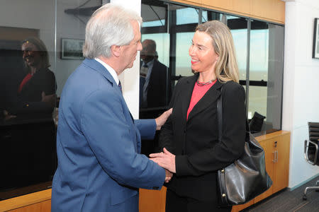 Federica Mogherini, High Representative of the Union for Foreign Affairs and Security Policy shakes hands with Uruguay's President Tabare Vazquez during a meeting at Executive tower in Montevideo as European and Latin American leaders gathered in Uruguay to discuss "good faith" plan for Venezuela, Uruguay February 7, 2019. Uruguayan Presidency/Handout via REUTERS