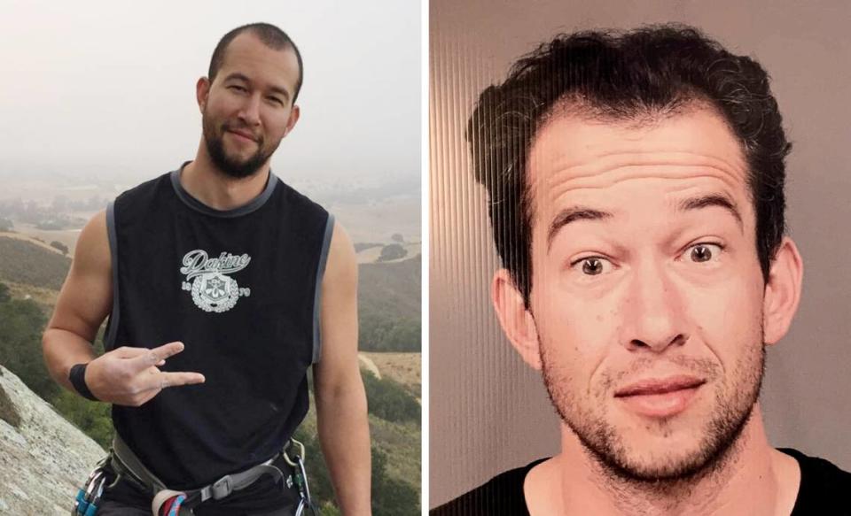Friends said Edward “Eddie” Giron’s mental health declined significantly over the last year. Here, he’s shown after a climb at Bishop Peak in San Luis Obispo in an undated post from his Instagram account, and in a police mug shot.