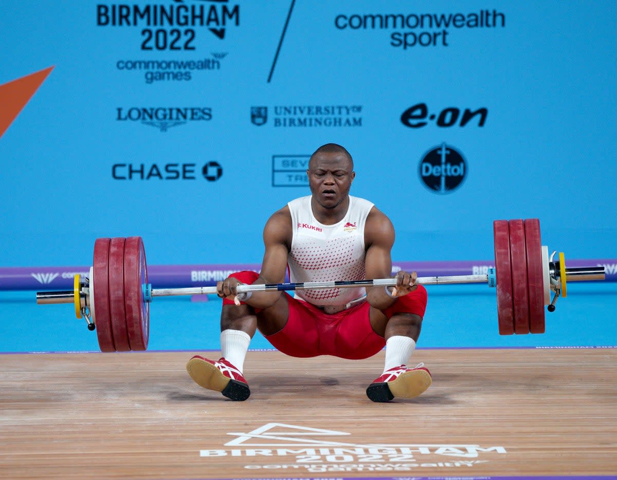 England’s Cyrille Tchatchet is eliminated after failing to lift his third clean and jerk at the Commonwealth Games in Birmingham (Peter Byrne/PA) (PA Wire)