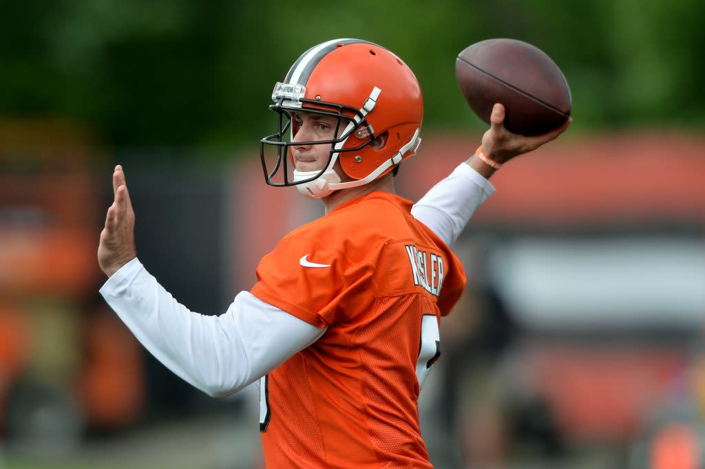Jun 7, 2016; Berea, OH, USA; Cleveland Browns quarterback Cody Kessler (5) throws a pass during minicamp at the Cleveland Browns training facility. Mandatory Credit: Ken Blaze-USA TODAY Sports