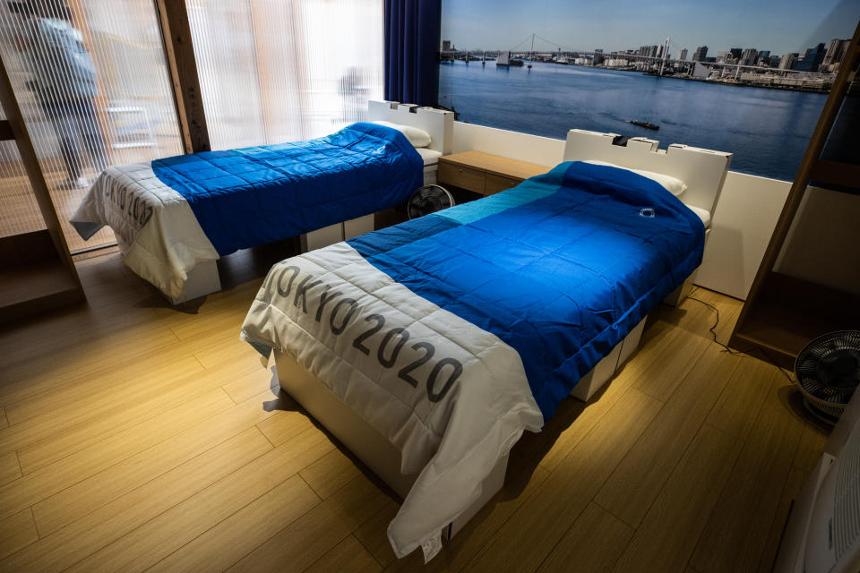 A general view of the athletes' room replica during press preview of the Village Plaza as part of the Olympic and Paralympic Village media tour on June 20, 2021 in Tokyo, Japan. 