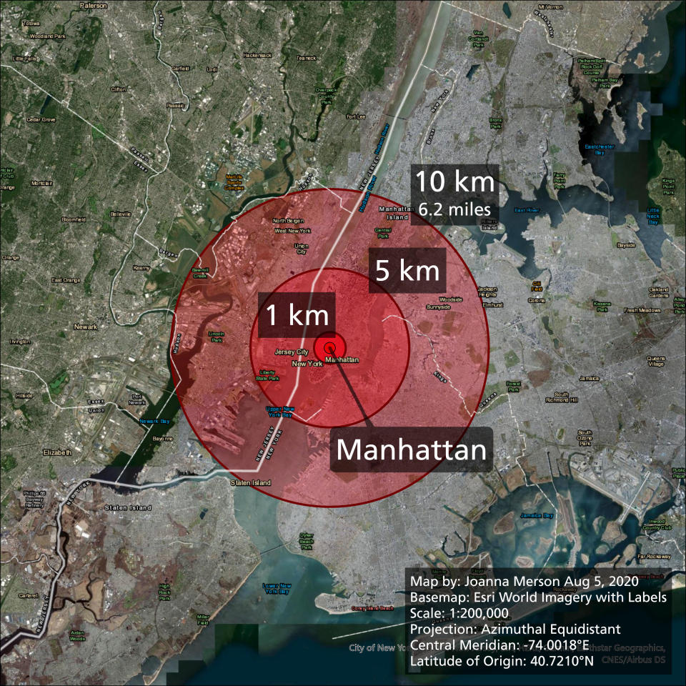 The damage radius of the explosion in Beirut if it had happened in New York. (Joanna Merson)