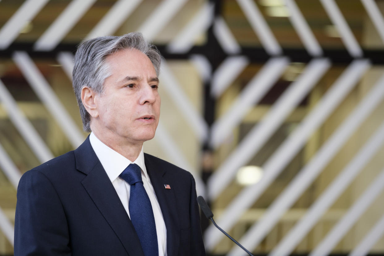 Secretary of State Antony Blinken at the EU Council headquarters in Brussels, Belgium, on April 4, 2023. 