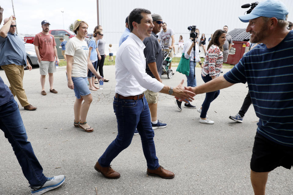 Democratic presidential candidate Pete Buttigieg arrives at the Hawkeye Area Labor Council Labor Day Picnic, Monday, Sept. 2, 2019, in Cedar Rapids, Iowa. (AP Photo/Charlie Neibergall)