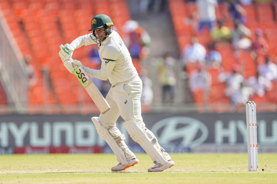 Australia's Usman Khawaja plays a shotvduring the second day of the fourth cricket test match between India and Australia in Ahmedabad, India, Friday, March 10, 2023. (AP Photo/Ajit Solanki)