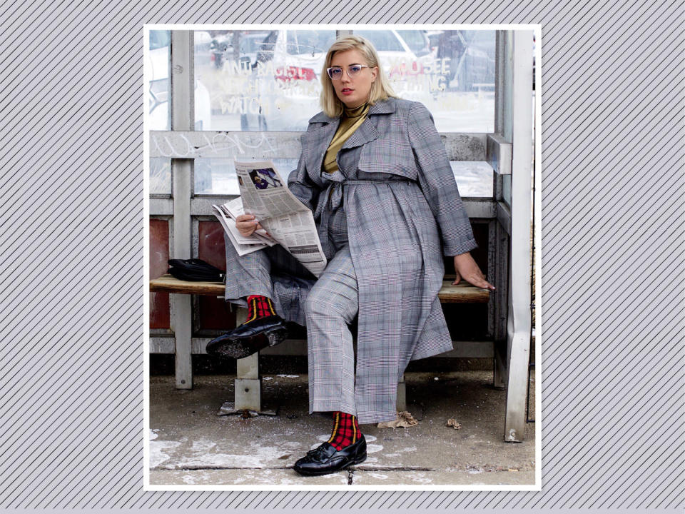 <p>Go newsboy chic by opting for a gray plaid-on-plaid moment, like <a rel="nofollow noopener" href="https://www.fashionnova.com/collections/plus-jackets/products/pencil-you-in-long-duster-black-white" target="_blank" data-ylk="slk:this plaid duster from Fashion Nova Curve" class="link ">this plaid duster from Fashion Nova Curve</a>, $30, with a pop of metallic in the top for some flare. (Photo: <a rel="nofollow noopener" href="https://www.instagram.com/p/BfrCPggn8o3/?hl=en&taken-by=jamie_jetaime" target="_blank" data-ylk="slk:Jamie Hamilton" class="link ">Jamie Hamilton</a> via Instagram) </p>