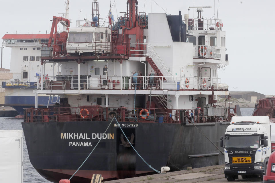 FILE - The Russian ship Mikhail Dudin docks at the port of Dunkirk, northern France, Tuesday, Sept.13, 2022. While Europe is cracking down on Russia's oil and gas, it's continuing to import and export nuclear fuel from and to the country, as the sector is not under sanctions prompted by the war in Ukraine _ a uranium trade denounced by Kyiv and environment activists. The Mikhail Dudin ship was navigating Thursday in the North Sea, heading towards the Russian Baltic port of Ust-Luga after leaving the French port of Dunkirk the previous day.(AP Photo/Michel Spingler, File)