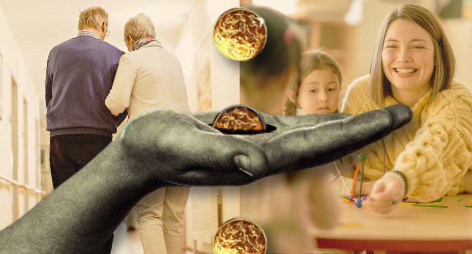 Aged care worker next to early childhood educator with hand holding out for coins