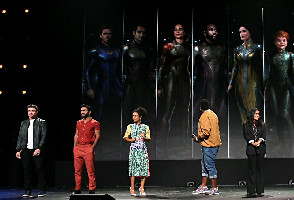 ANAHEIM, CALIFORNIA - AUGUST 24: (L-R) Richard Madden, Kumail Nanjiani, Lauren Ridloff, Brian Tyree Henry, and Salma Hayek of 'The Eternals' took part today in the Walt Disney Studios presentation at Disney’s D23 EXPO 2019 in Anaheim, Calif.  'The Eternals' will be released in U.S. theaters on November 6, 2020. (Photo by Jesse Grant/Getty Images for Disney)
