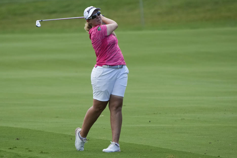 South Africa's Ashleigh Buhai watches her approach into the seventh green during the first round of the Australian Open Golf Championship in Sydney, Australia, Thursday, Nov. 30, 2023. (AP Photo/Mark Baker)