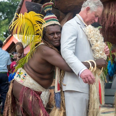 The Prince of Wales was given a grass skirt during a visit to the Pacific island earlier this year - Credit: Steve Parsons/ PA