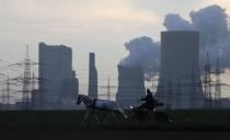 A horse carriage passes the Niederaussem coal power plant of RWE Power, one of Europe's biggest electricity and gas companies, in Rheidt, north-west of Cologne in this October 11, 2012 file picture. In recent weeks, the economy that proud German politicians have taken to describing as a "growth locomotive" and "stability anchor" for Europe, has been hit by a barrage of bad news that has surprised even the most ardent Germany sceptics. The big shocker came on August 14, 2014, when the Federal Statistics Office revealed that gross domestic product (GDP) had contracted by 0.2 percent in the second quarter. Picture taken October 11, 2012 . TO MATCH STORY GERMANY-ECONOMY/ REUTERS/Wolfgang Rattay/Files (GERMANY - Tags: POLITICS ENERGY ANIMALS)