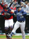 Seattle Mariners' Daniel Vogelbach (20) reacts after striking out against Cleveland Indians starting pitcher Carlos Carrasco during the sixth inning of a baseball game, Saturday, May 4, 2019, in Cleveland. The Indians defeated the Mariners 5-4. (AP Photo/Ron Schwane)
