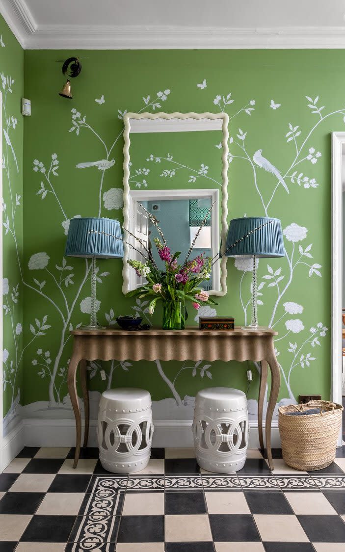 The grassy-green botanical wallpaper selected by interior designer Jessica Buckley - Oliver Grahame Photography /Oliver Purvis