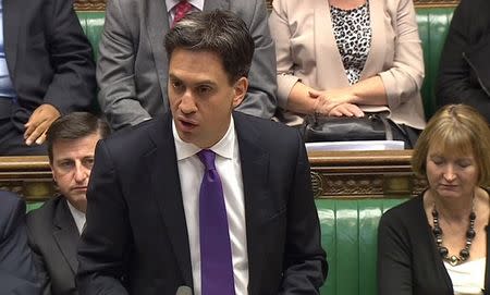 A still image taken from video shows Britain's opposition Labour Party leader, Ed Miliband, addressing the House of Commons in central London September 26, 2014. REUTERS/UK Parliament via REUTERS TV