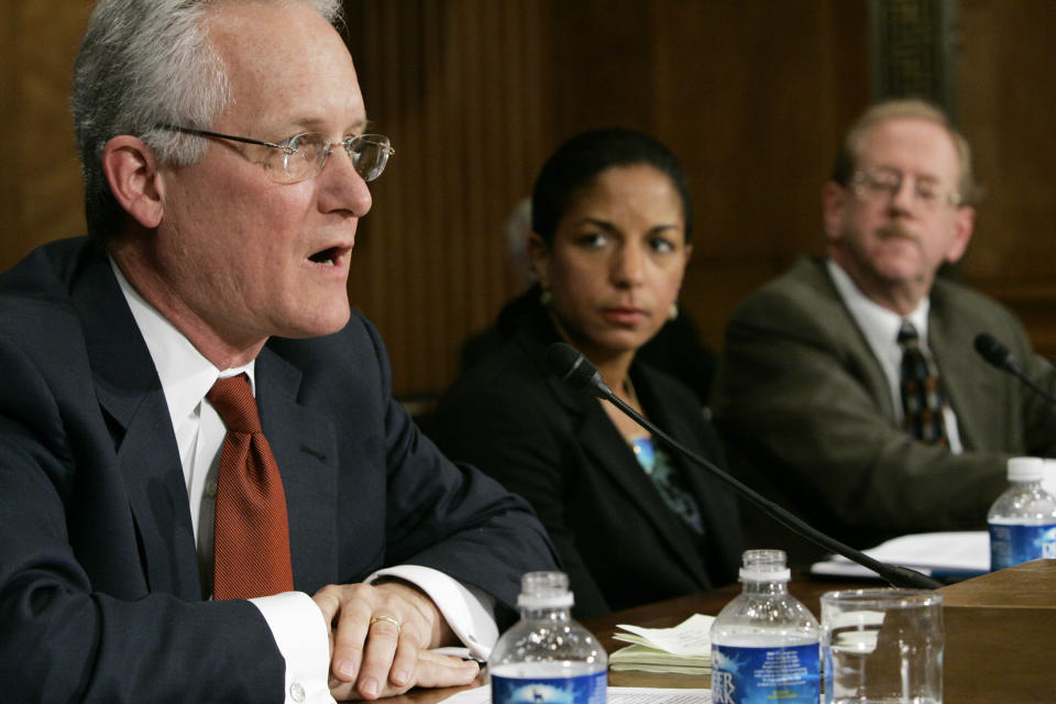 J. Stephen Morrison of the Center for Strategic and International Studies, left, Susan E. Rice of the Brookings Institution, and Lawrence G. Rossin of the Save Darfur Coalition testify before the Senate Foreign Relations Committee on Capitol Hill in Washington, Wednesday, April 11, 2007. (Charles Dharapak/AP)